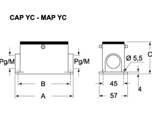 surface mounting housing, high, size 57.27, central lever alu, 2 pegs, 2xPG29 side