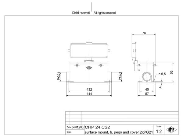 surface mounting housing, size 104.27, C-TYPE alu, 4 pegs, 2xPG21 side, cov.