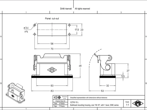 bulkhead mounting housing, size 49.16, EMC alu, 1 rigid lever