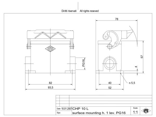 surface mounting housing, size 57.27, C-TYPE alu, 1 lever, 1xPG16 side