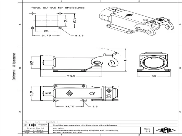 bulkhead mounting housing, angled, size 21.21, CKH plastic, 1 lever, 1xM25 side