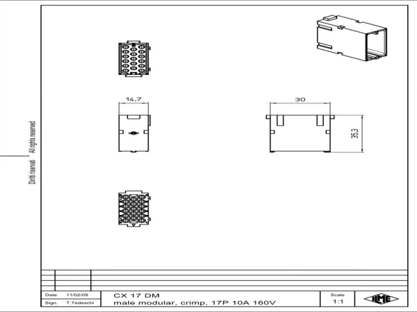 male insert, MIXO, 1MU, 17p, crimp, 10A, 160V