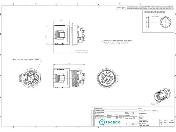 Mini socket connector panel-mounted 5p screw M20