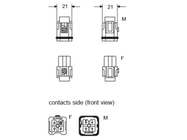 male insert, size 21.21, 3p+PE, gold, screw, 10A, 230/400V