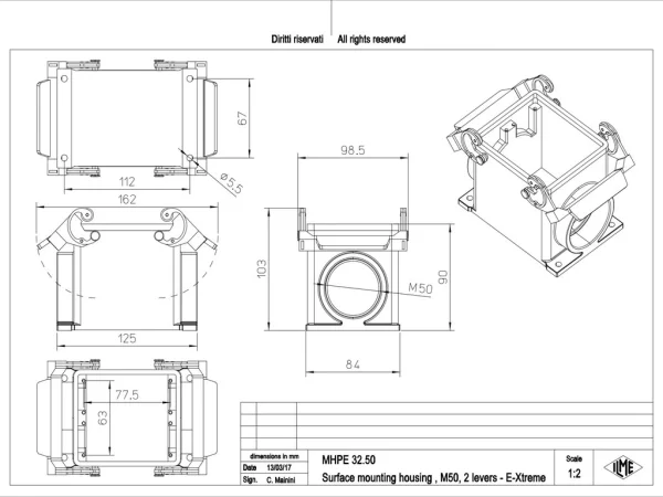 surface mounting housing, size 77.62, E-Xtreme alu, 2 levers, 1xM50 side