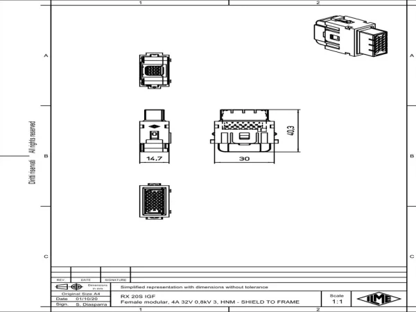 female insert, MIXO HNM, 1MU, 20p, crimp, 4A, 32V, with contact to PE