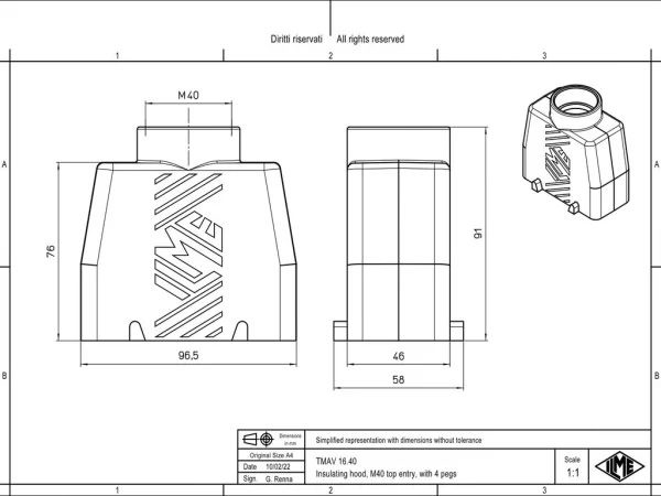 hood, high, size 77.27, T-TYPE plastic, 4 pegs, 1xM40 top