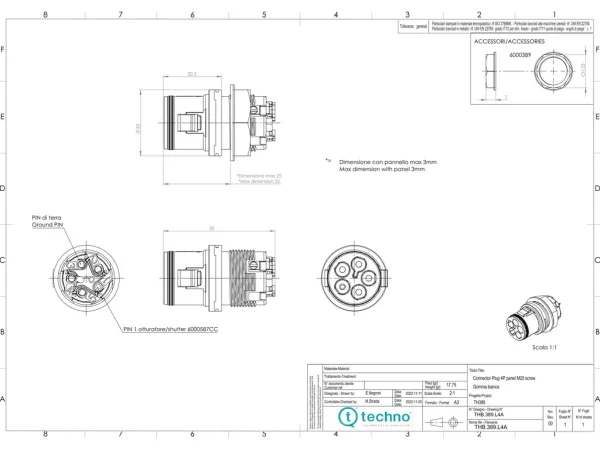 Mini plug connector panel-mounted 4p screw M20