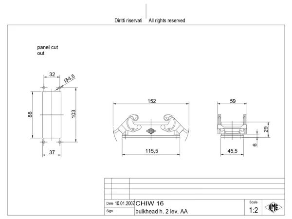 bulkhead mounting housing, size 77.27, W-TYPE alu, 2 levers