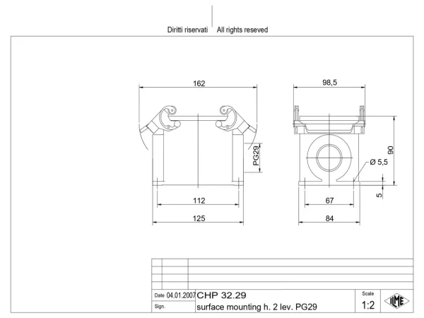 surface mounting housing, size 77.62, C-TYPE alu, 2 levers, 1xPG29 side