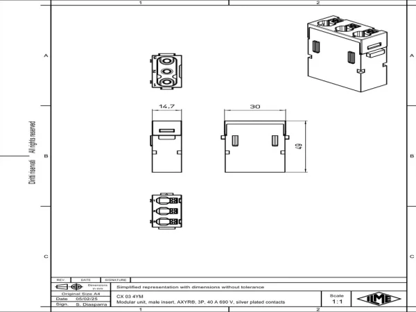 male insert, MIXO, 1MU, 3p, AXYR® push-in connection, 40A, 690V