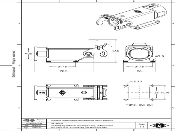bulkhead mounting housing, angled, size 21.21, CK plastic, 1 lever, 1xM25 side