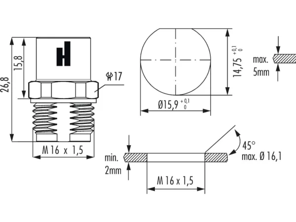 Panel connector female thread, single hole front mounted