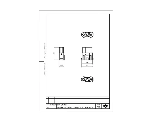 female insert, MIXO, 1MU, 6p, crimp, 16A, 500V