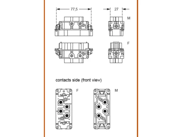male insert, size 77.27, 4p+PE, screw, 80A, 830V, 180°