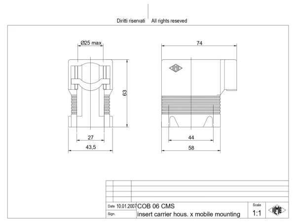 Insulating housing, size 44.27, COB plastic, 4 pegs, side cable entry with cable clamp, with strain relief