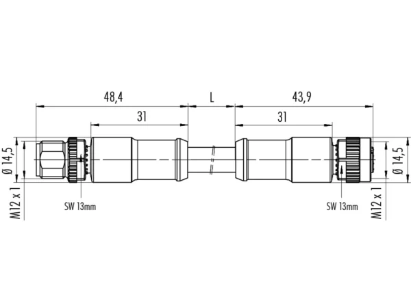 Connecting cable, male cable connector M12x1 & female connector M12x1