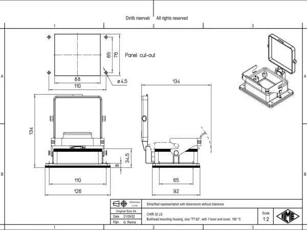 bulkhead mounting housing, size 77.62, 180 °C alu, 1 lever