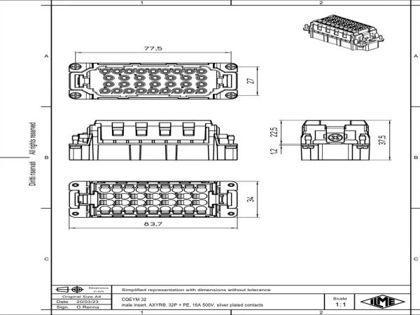 male insert, 77.27, 32+PE, AXYR® push-in connection, 16A, 500V