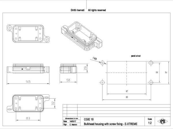 bulkhead mounting housing, size 57.27, E-Xtreme alu, screw locking