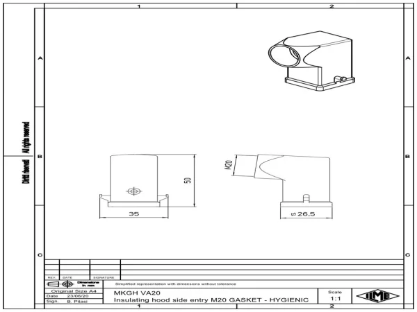 hood, angled, size 21.21, CKH plastic, 2 pegs, 1xM20 side, gasket, sealing kit