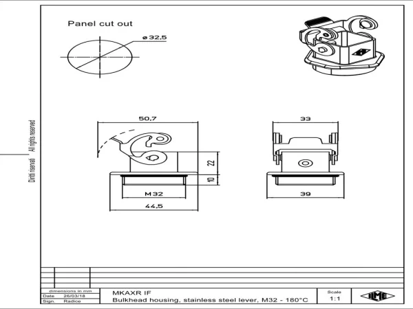 bulkhead mounting housing, size 21.21, 180° alu, 1 lever stainless steel, 1xM32 external