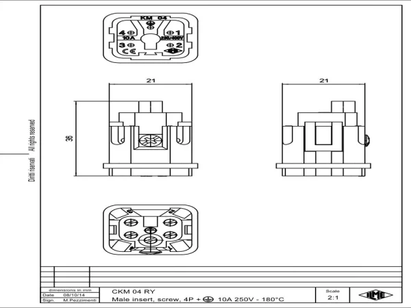 male insert, size 21.21, 4p+PE, silver, screw, 10A, 230/400V, 180°C