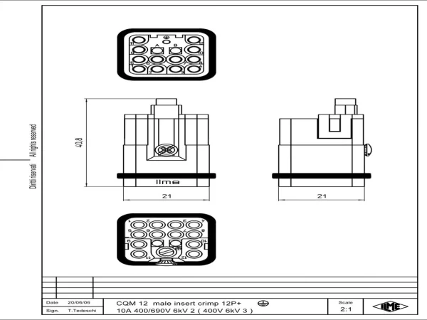 male insert, size 21.21, 12p+PE, crimp, 10A, 400V