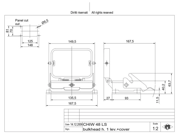 bulkhead mounting housing, size 104.62, W-TYPE alu, 1 lever, cover metal