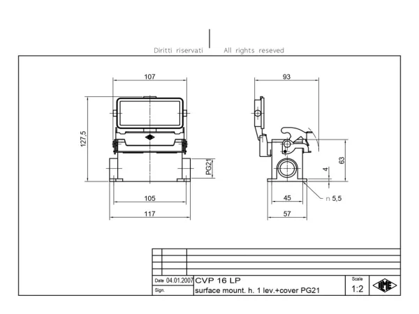 surface mounting housing, size 77.27, V-TYPE alu, 1 lever, 1xPG21 side, cov.