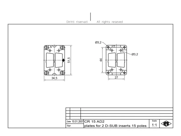 adapter plate, size 44.27, for 2xD-SUB 15p+GND