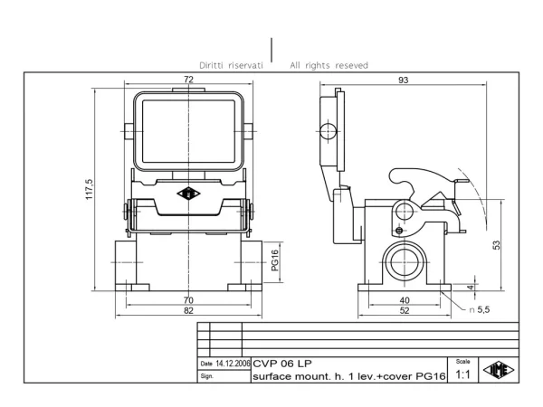 surface mounting housing, size 44.27, V-TYPE alu, 1 lever, 1xPG16 side, cov.