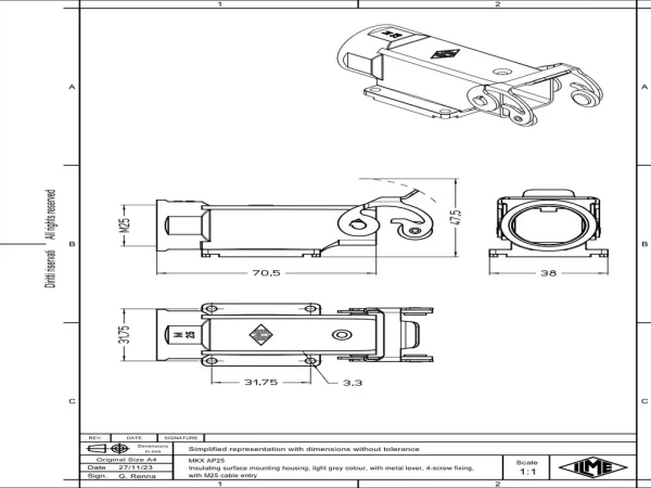 surface mounting housing, angled, size 21.21, CK plastic, 1 lever, 1xM25 side