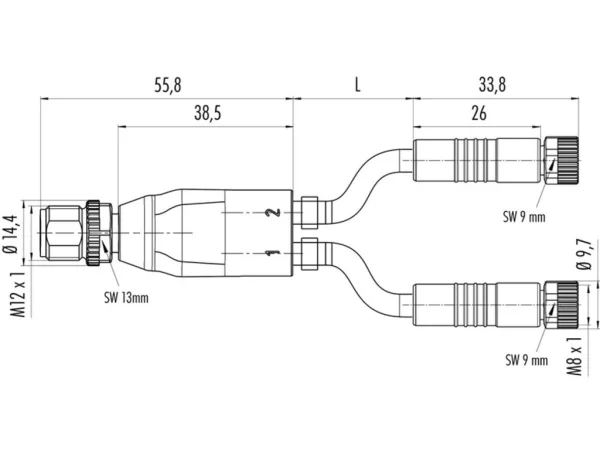 Duo male connector M12x1 - 2 female cable connectors M8x1