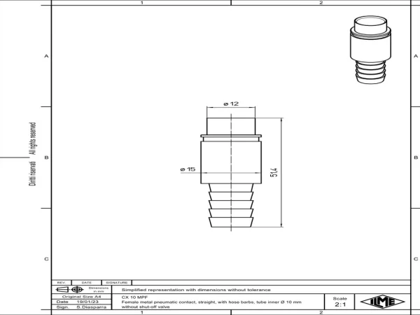 female contact, pneumatic, 10mm internal, straight, hose barbs, without shut-off valve
