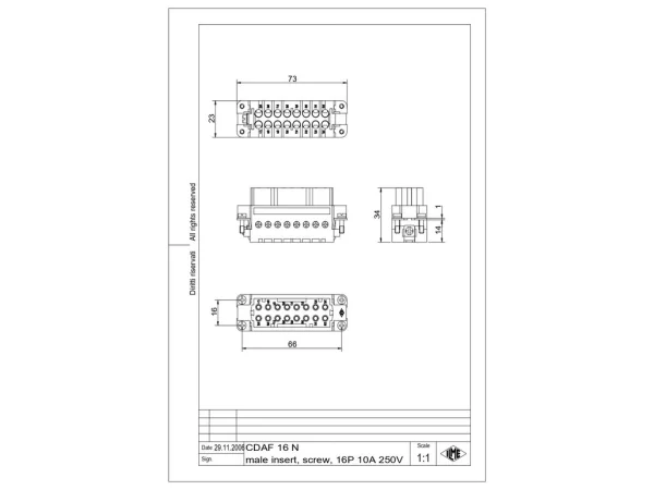 female insert, 16p+PE, silver, screw, 16A, 250V, for size 66.40 no.17-32