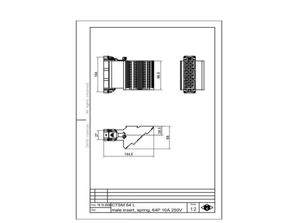 male insert, size 104.27, 64p+PE, silver, spring, 10A, 250V, left