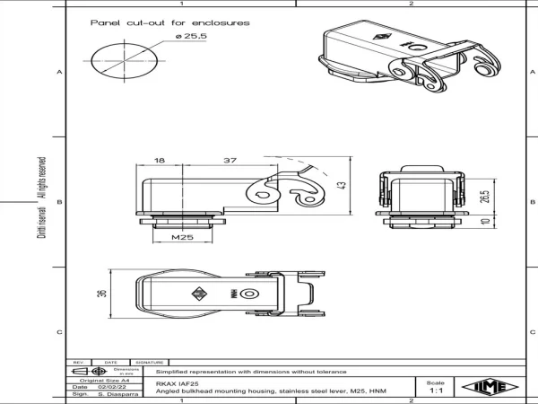 bulkhead mounting housing, angled, size 21.21, HNM alu, 1 lever stainless steel, 1xM25 external