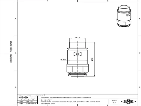 female contact, pneumatic, 8,0mm external, straight, quick-fitting, with shut-off valve