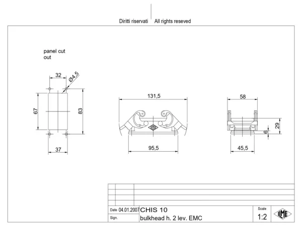 bulkhead mounting housing, size 57.27, EMC alu, 2 levers