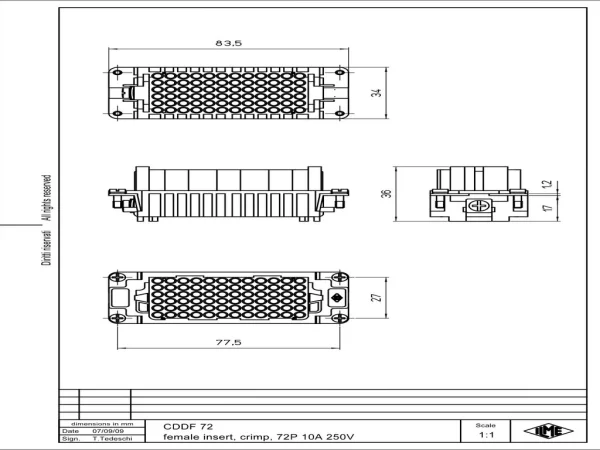 female insert, size 77.27, 72p+PE, crimp, 10A, 250V