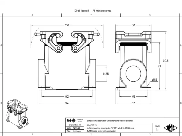 surface mounting housing, size 57.27, IL-BRID stainless steel, 2 levers, 1xM25 side