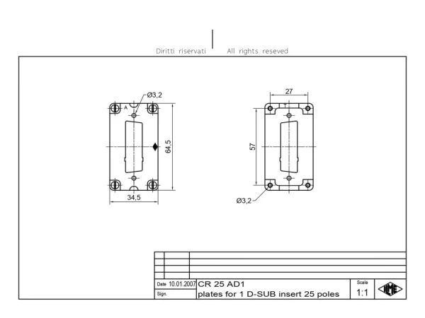adapter plate, size 57.27, for D-SUB 25p+GND