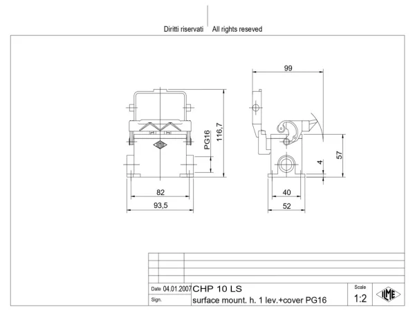 surface mounting housing, size 57.27, C-TYPE alu, 1 lever, 1xPG16 side, cov.