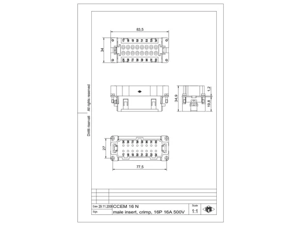 male insert, 16p+PE, crimp, 16A, 500V, for size 77.62 no.17-32
