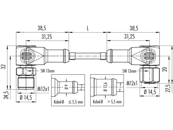 Connecting cable, male angled connector M12x1 & female angled connector M12x1