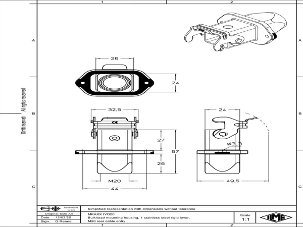 bulkhead mounting housing, size 21.21, CKA zinc, 1 lever, 1xM20 rear