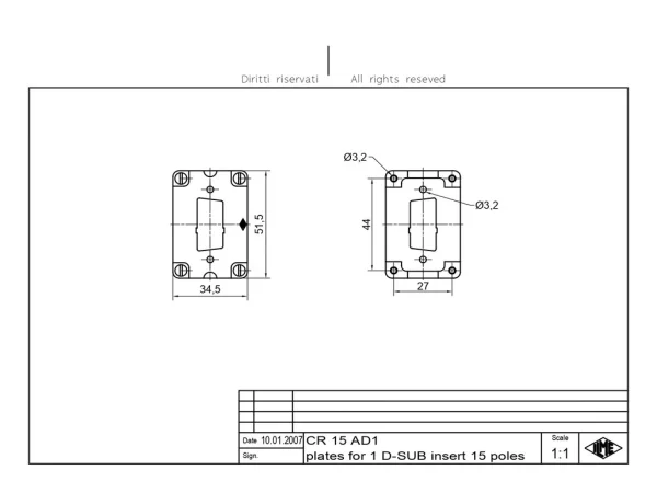 adapter plate, size 44.27, for D-SUB 15p+GND