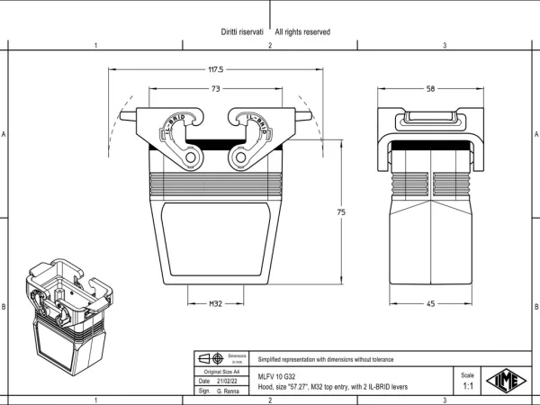 hood, size 57.27, IL-BRID stainless steel, 2 levers, 1xM32 top