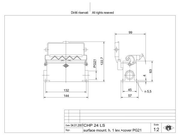 surface mounting housing, size 104.27, C-TYPE alu, 1 lever, 1xPG21 side, cov.